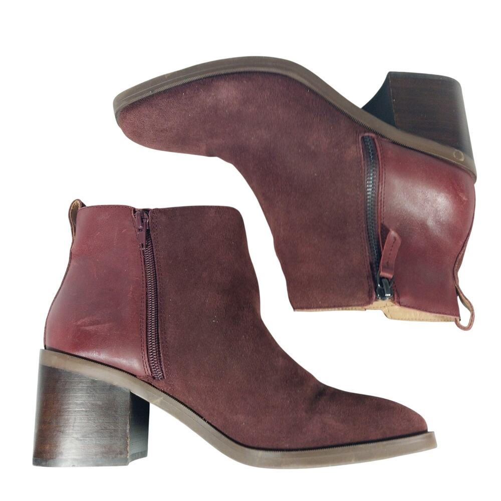 CROWN VINTAGE! BURGUNDY GENUINE LEATHER & SUEDE OUTSIDE ZIPPER CHUNKY BOOTS! 10M